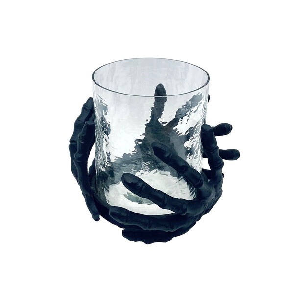 Black Metal Skeleton Hands Around Glass Candle Holder Gothic Halloween Spooky - Picture 2 of 7